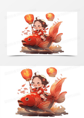 手绘插画水墨风小女孩骑着锦鲤