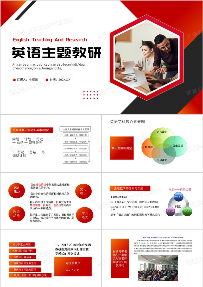 红色简约风英语组主题教研PPT模板