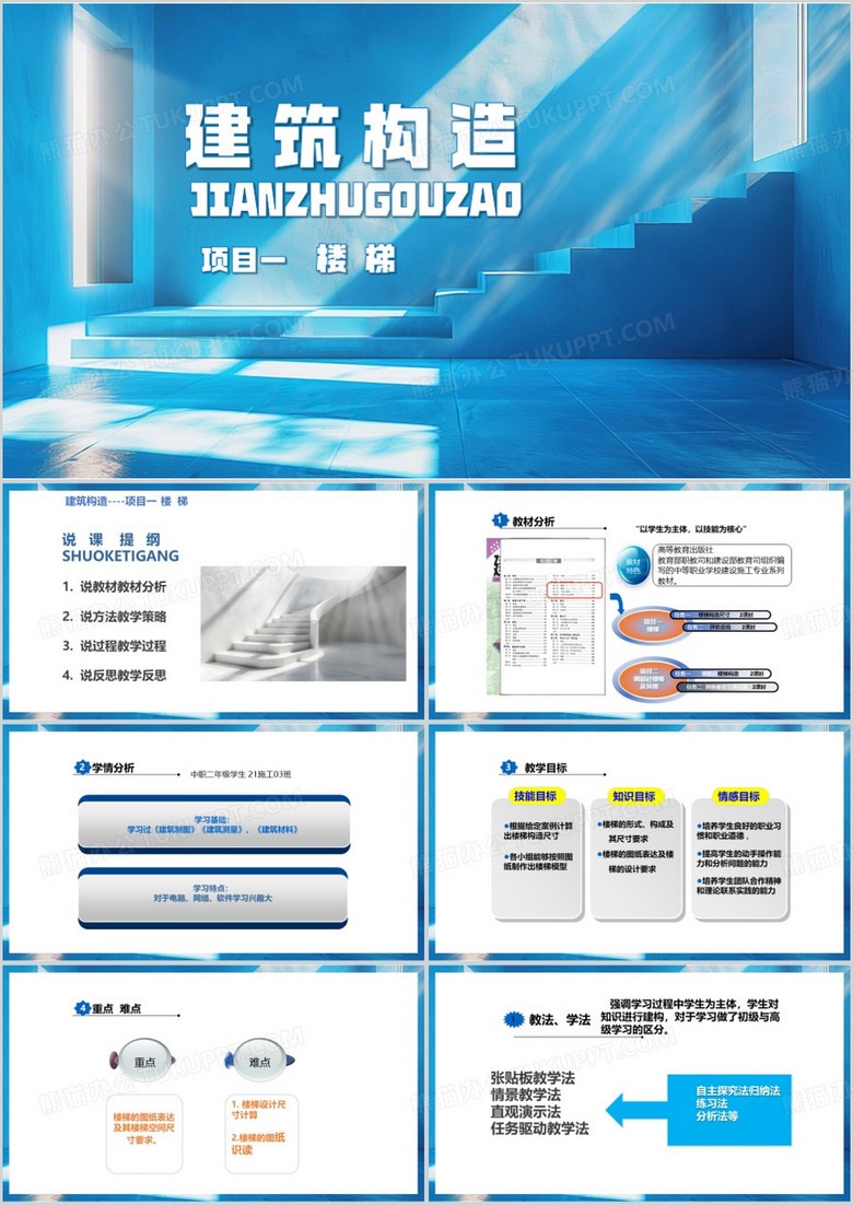蓝色简约风建筑构造教学实施报告PPT模板