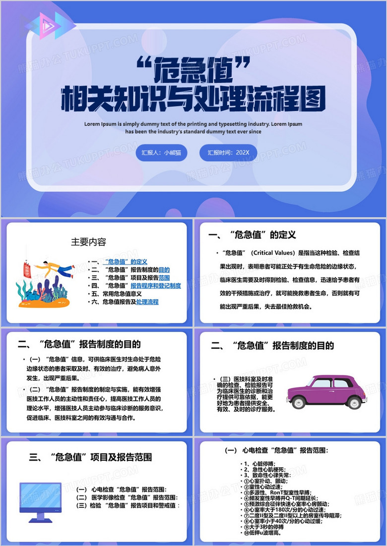 紫色简约风危急值相关知识PPT模板