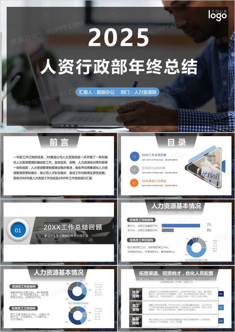 深灰色高端商务人资行政部门年终工作总结汇报计划PPT模板