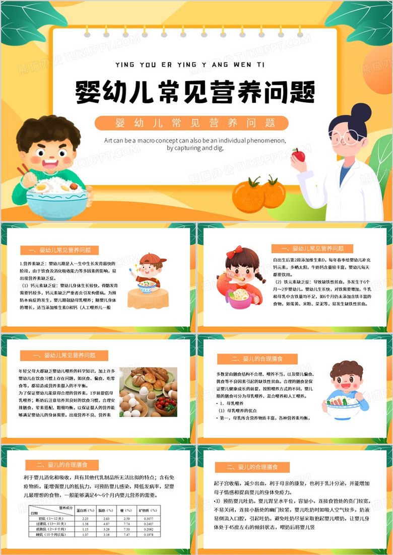 黄色卡通风婴幼儿常见营养问题PPT模板