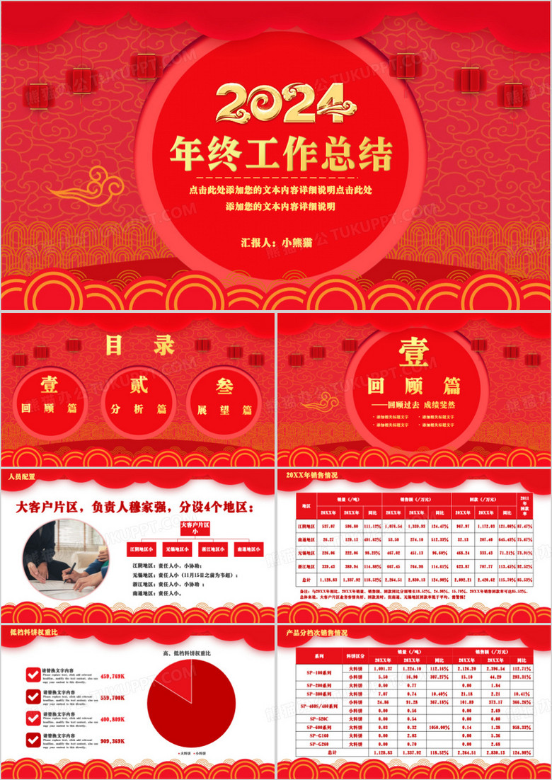 红色喜庆中国风年终工作总结PPT模板