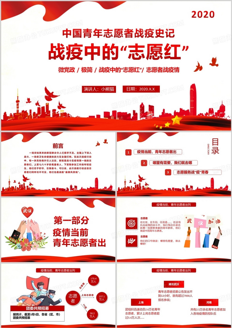 红色大气中国青年志愿者战役中的志愿红党建PPT模板