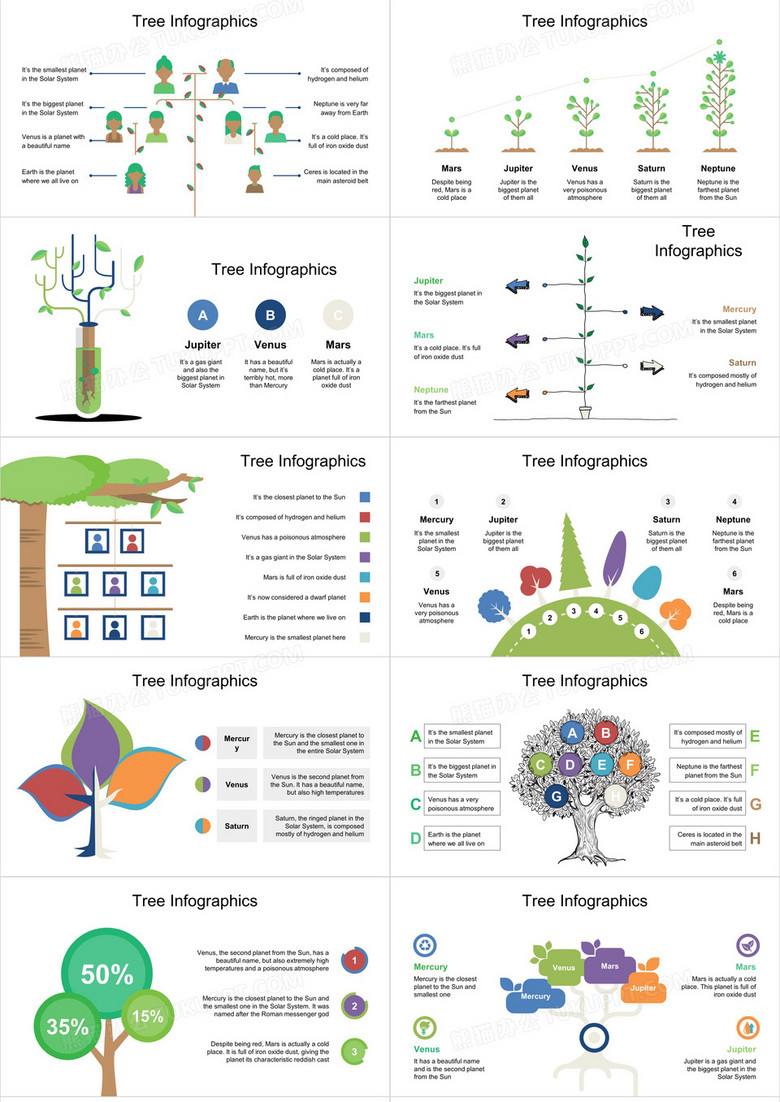 40页彩色卡通树木可视化图表集ppt模板