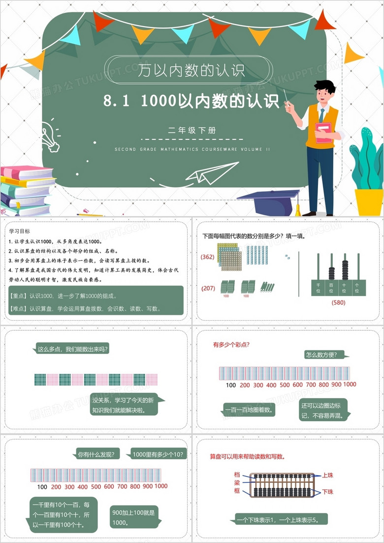 部编版二年级数学下册1000以内数的认识课件PPT模板