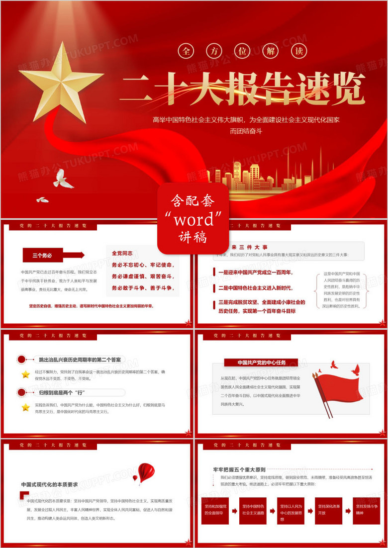 红色简约风二十大报告速览PPT模板