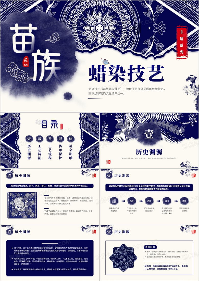 蓝色中国风非遗文化系列之苗族蜡染PPT模板