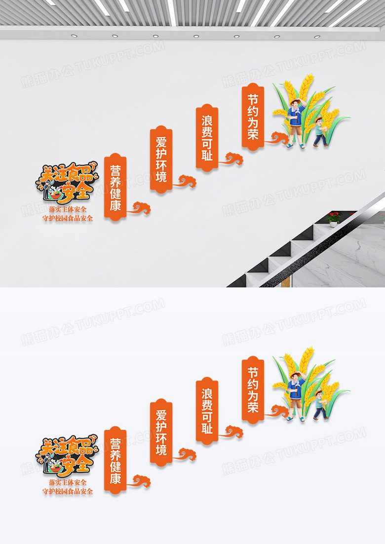 橘色卡通落实主体安全守护校园楼梯文化墙食品安全文化墙