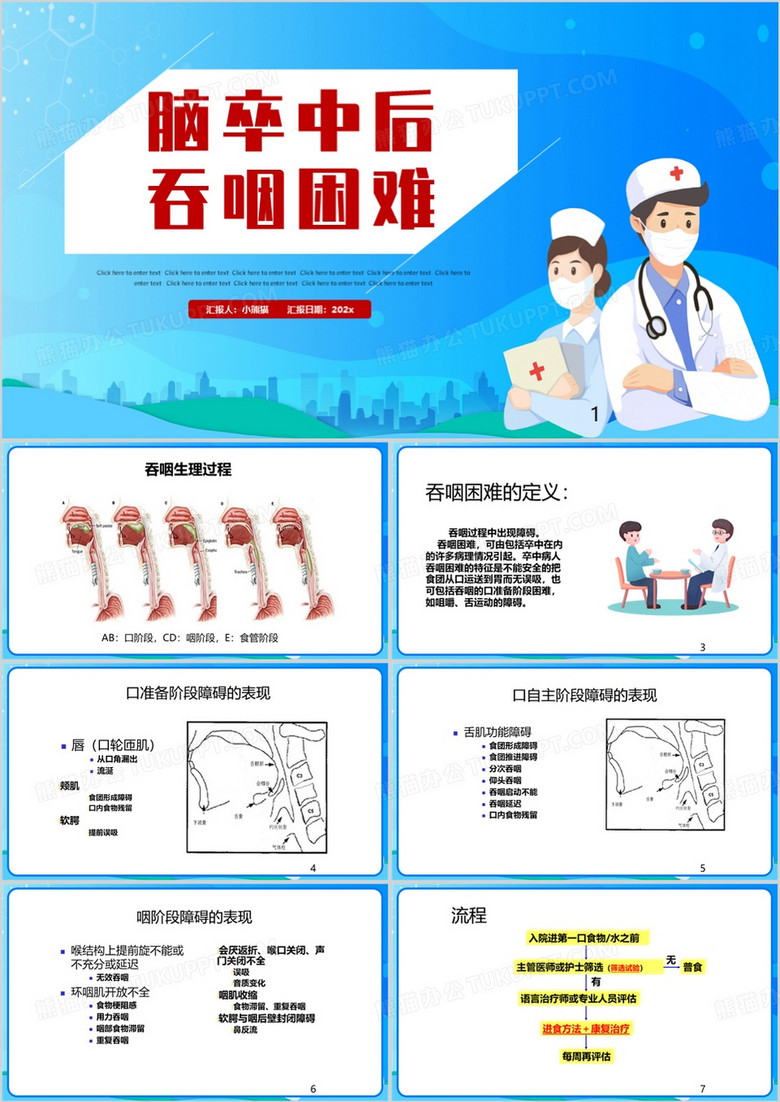 蓝色卡通风脑卒中后吞咽困难PPT模板