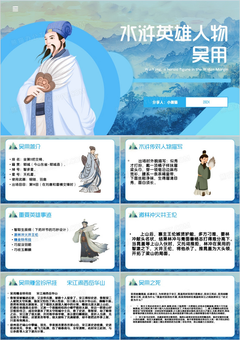 蓝色卡通风水浒英雄人物吴用PPT模板