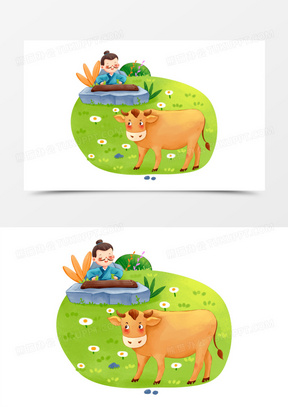 手绘寓言故事对牛弹琴素材