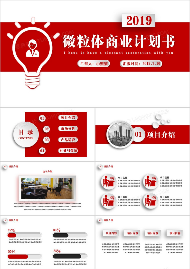 红色创意微粒体商业计划书PPT模板