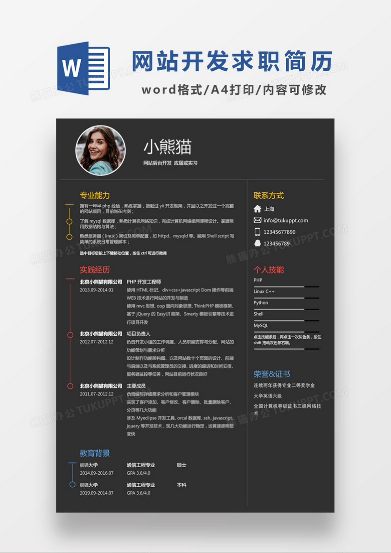 深灰色经典商务网站后台开发求职简历WORD模板
