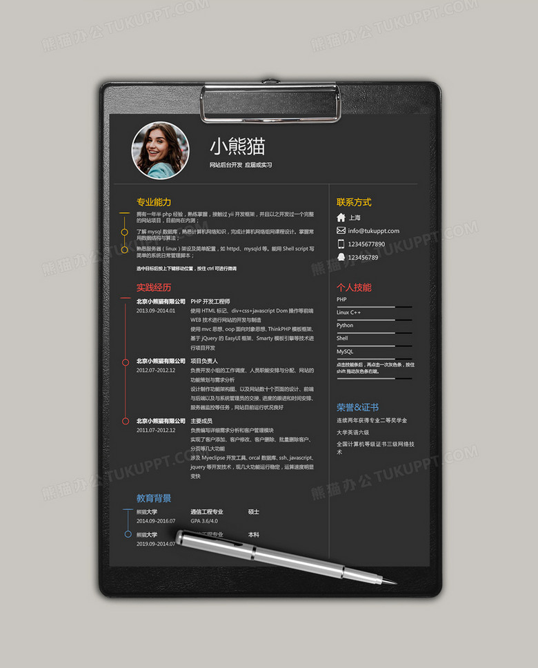 深灰色经典商务网站后台开发求职简历WORD模板no.2