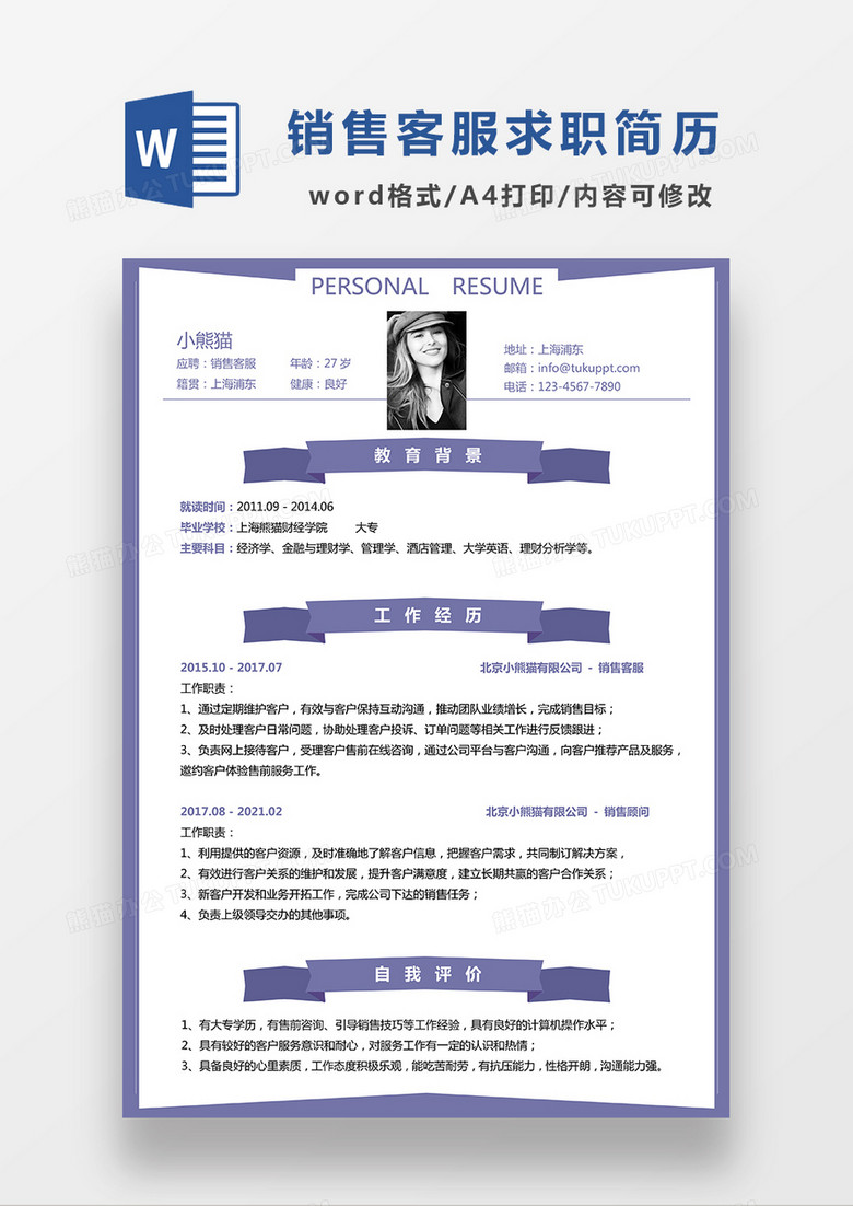 时尚线条风销售客服求职简历WORD模板