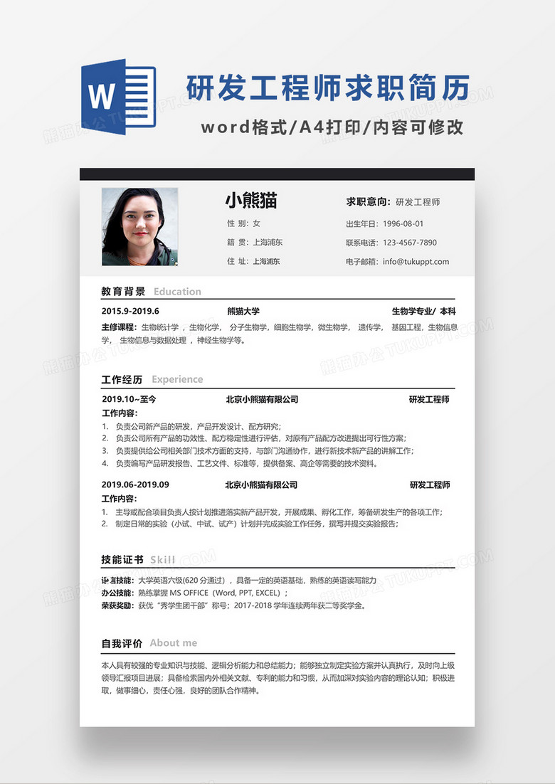 灰色简约研发工程师求职简历WORD模板