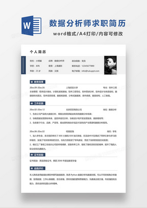 蓝色极简风数据分析师求职简历WORD模板