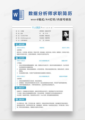 蓝色简约数据分析师求职简历WORD模板