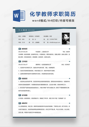 灰色简约线条风化学老师求职简历WORD模板