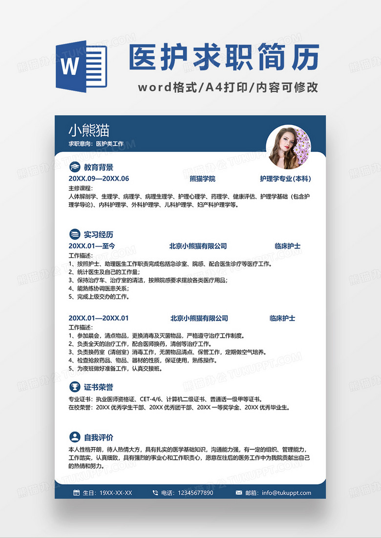 深蓝色简洁医护求职简历WORD模板