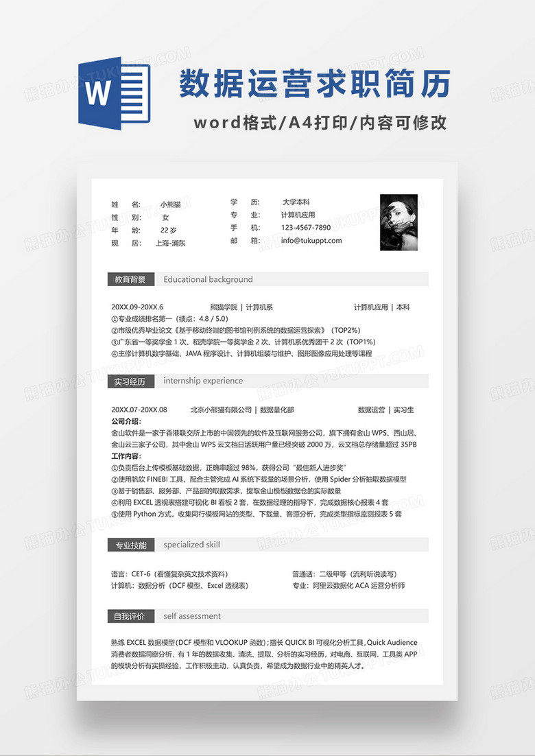浅灰色简约数据运营求职简历WORD模板