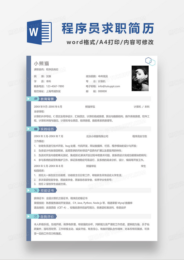 蓝色简洁程序员求职简历WORD模板