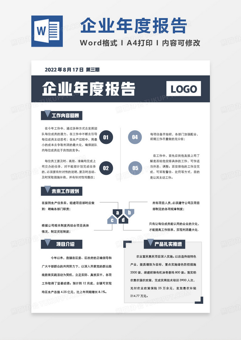 深蓝色简约企业年度报告简报WORD模板