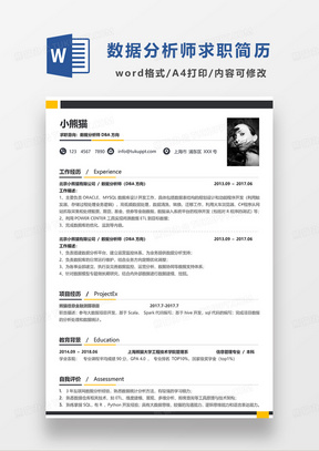 深灰色简洁数据分析师DBA方向求职简历WORD模板