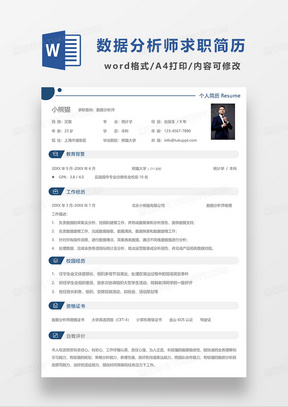 蓝色线条风数据分析师求职简历WORD模板