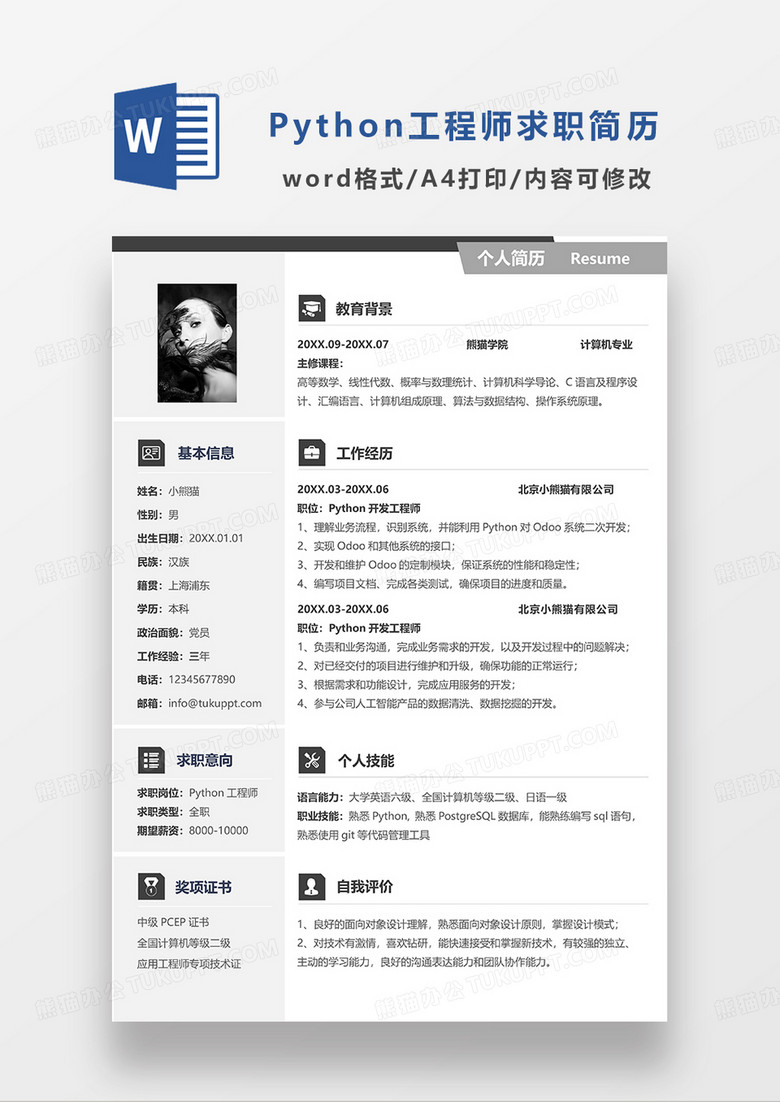 灰色简约Python工程师求职简历WORD模板