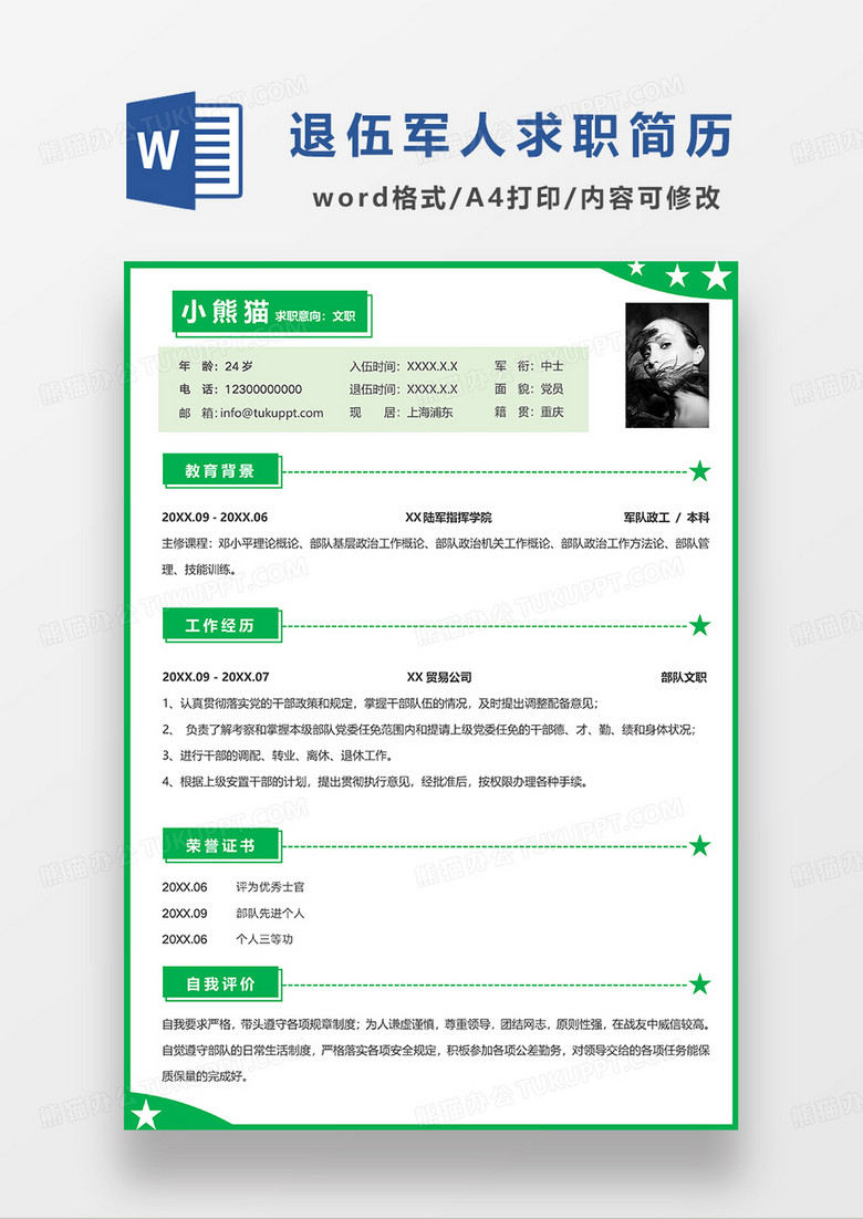 绿色清新简约退伍军人求职简历WORD模板