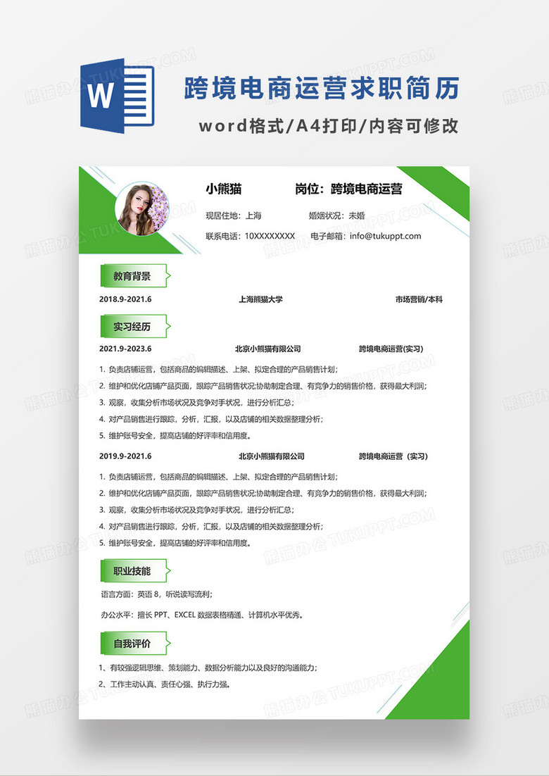 绿色简洁跨境电商运营求职简历WORD模板