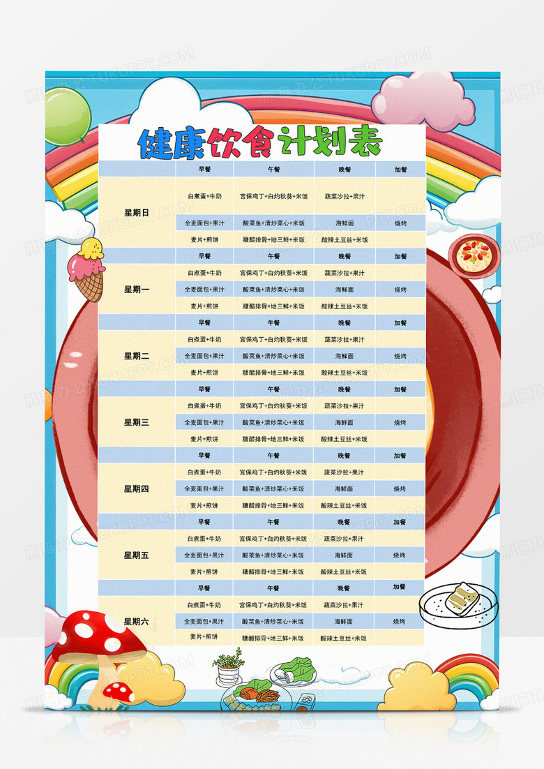 卡通健康饮食计划表时间自律表小报手抄报