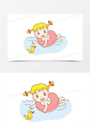 夏天女孩学游泳泳池手绘卡通元素