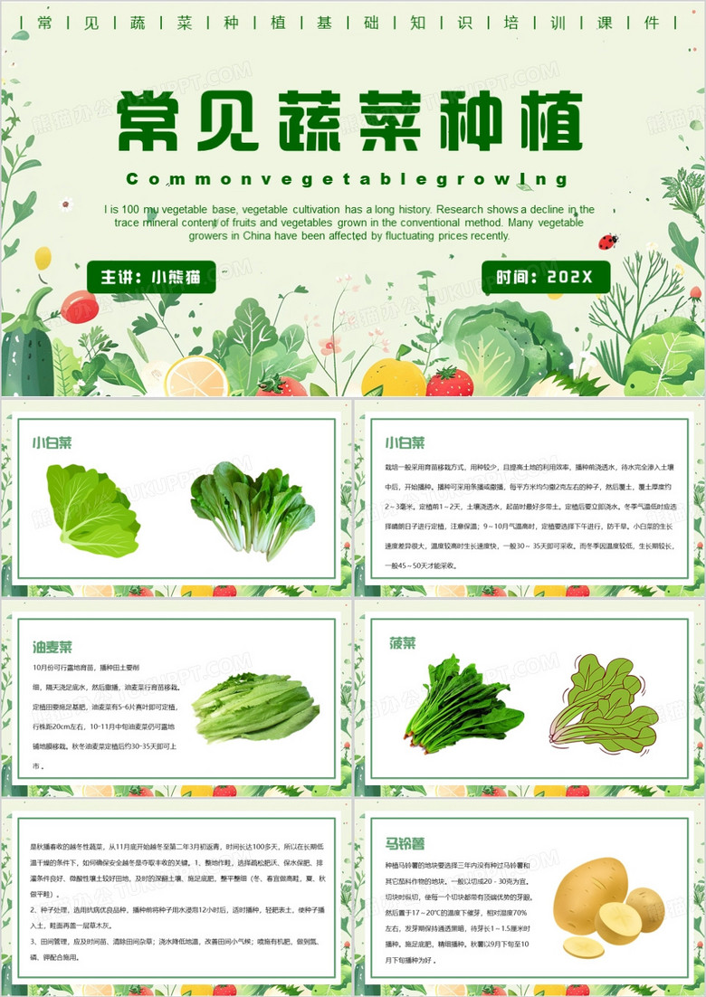 绿色清新风常见蔬菜种植PPT模板