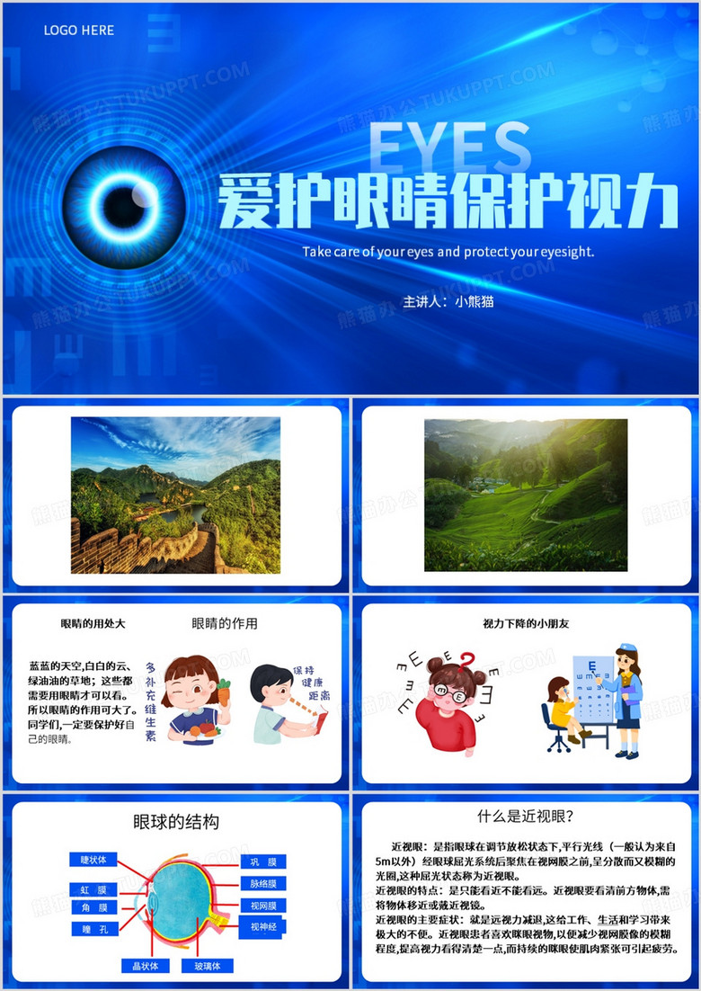 蓝色简约风爱护眼睛保护视力PPT模板