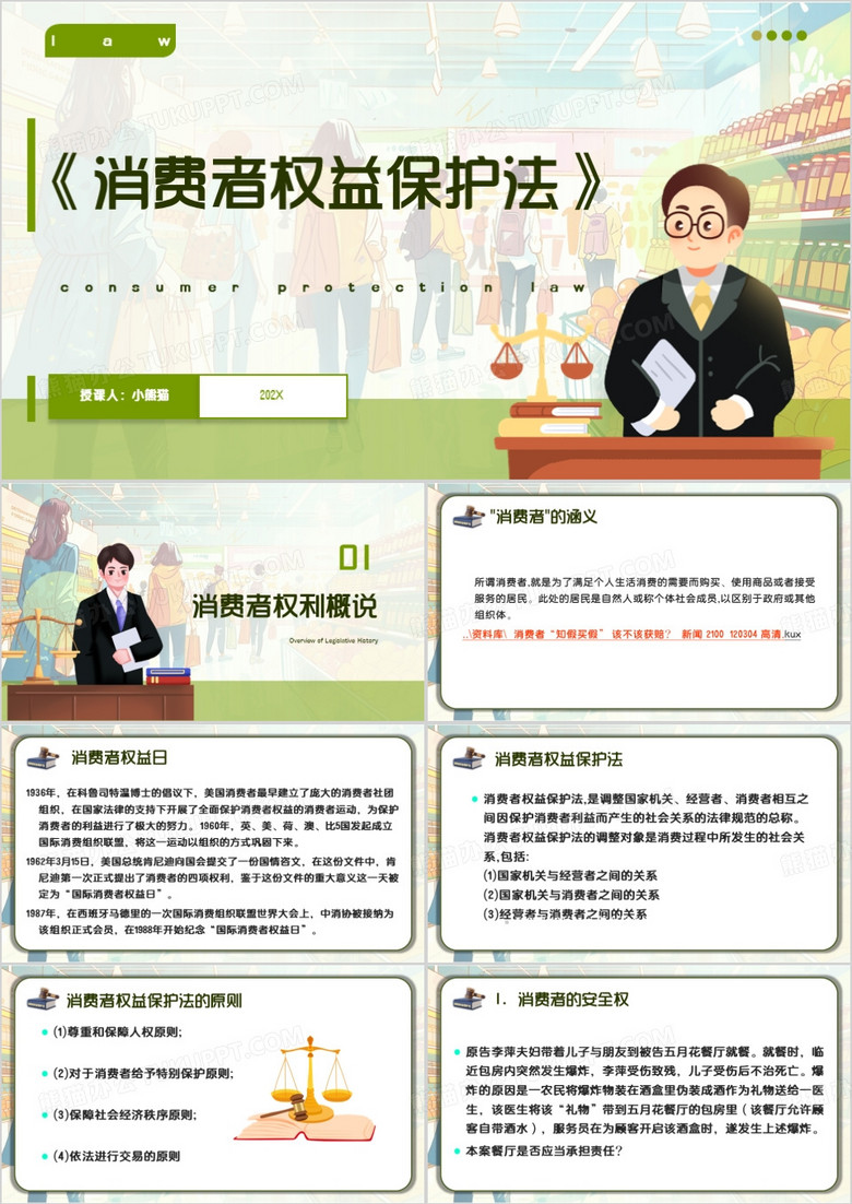 绿色卡通风消费者权益保护法PPT模板