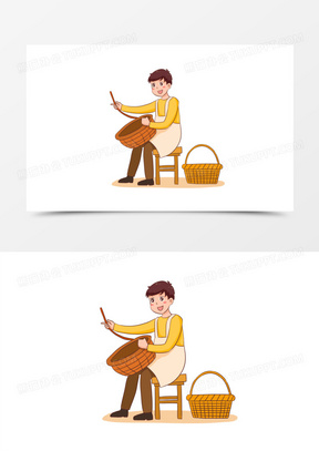 手绘卡通手艺人编织竹篮免抠元素