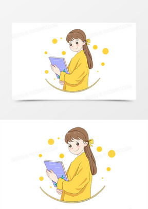 手绘拿着书本看书的女孩