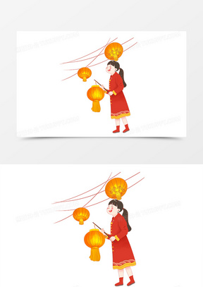 手绘元宵主题之拿着灯笼过节的女孩