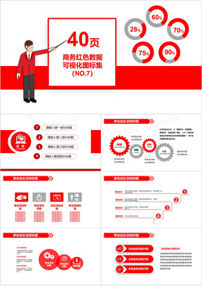 40页商务红色数据可视化图表集PPT模板
