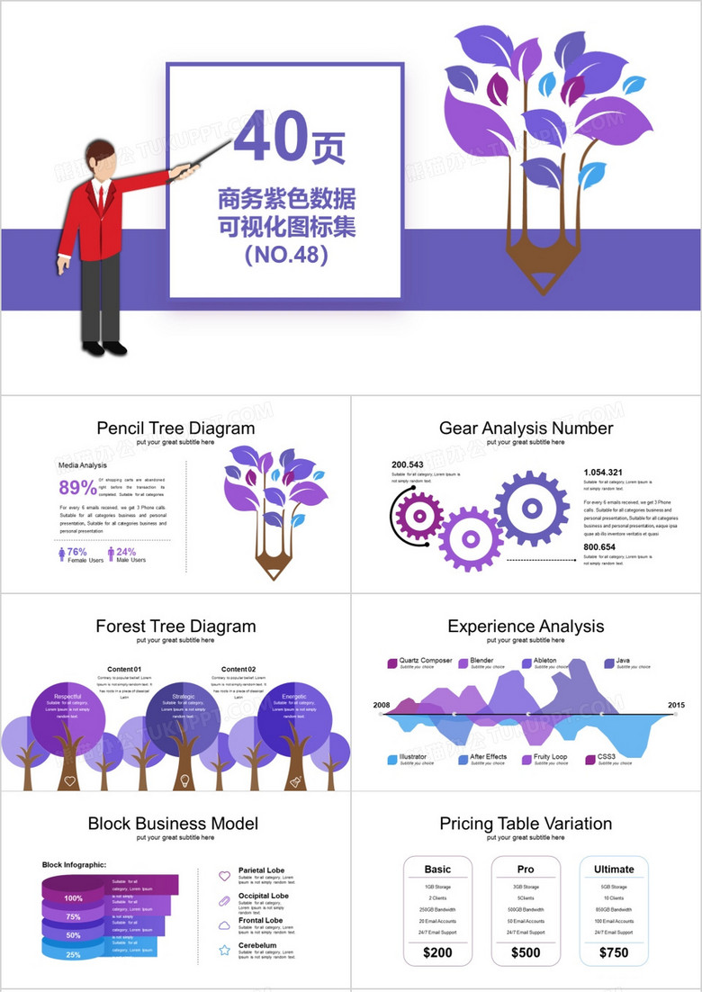 40页商务紫色数据可视化图表集PPT模板