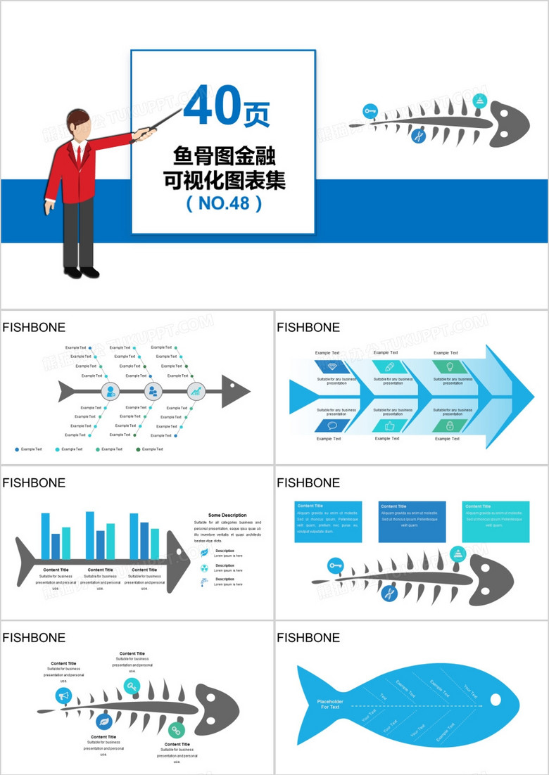 40页鱼骨图金融可视化图表集PPT模板