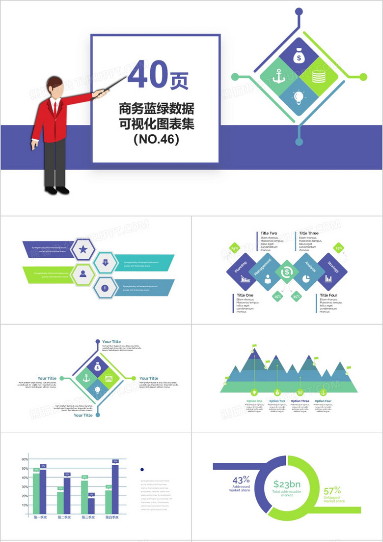 40页商务蓝绿数据可视化图表集PPT模板
