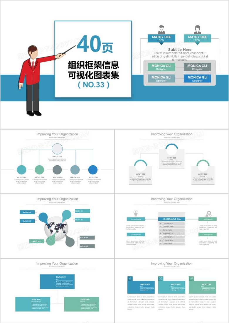 40页组织框架信息可视化图表集PPT模板