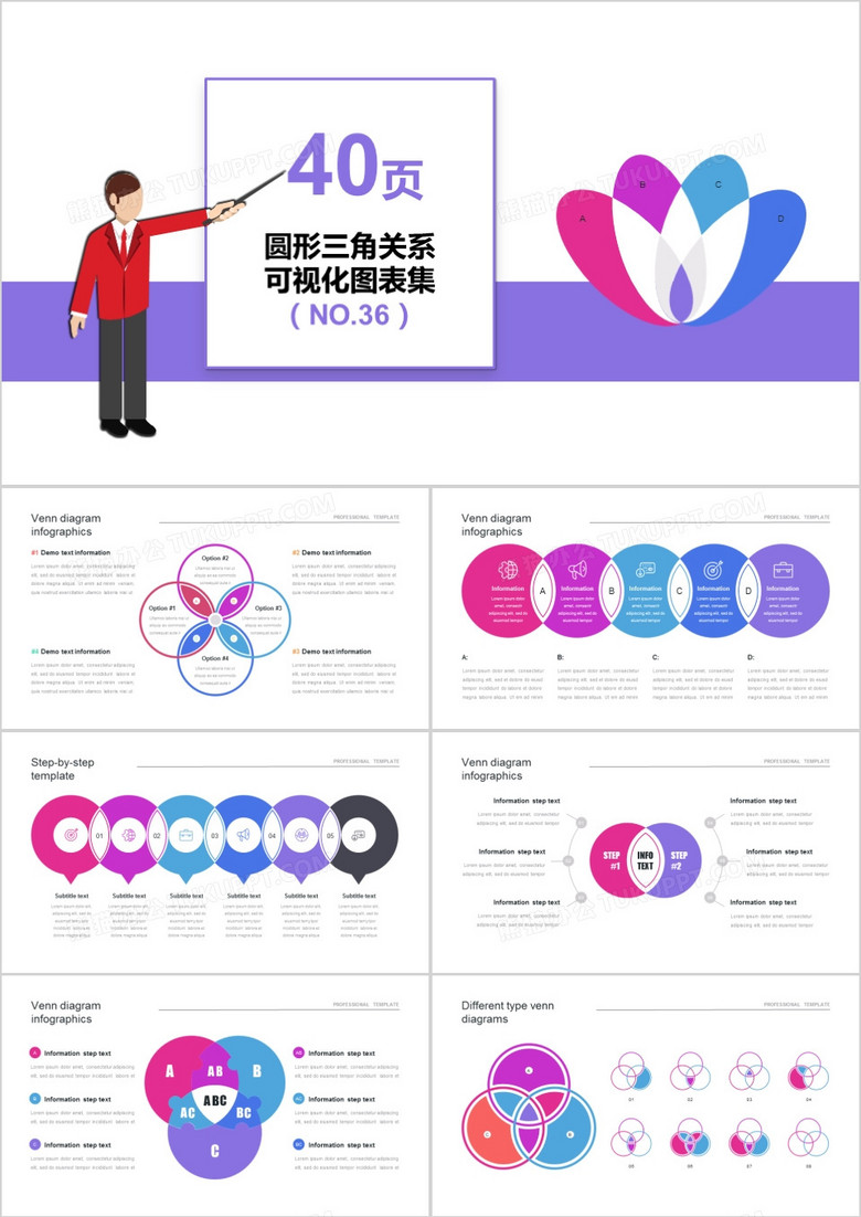 40页圆形三角关系可视化图表集PPT模板