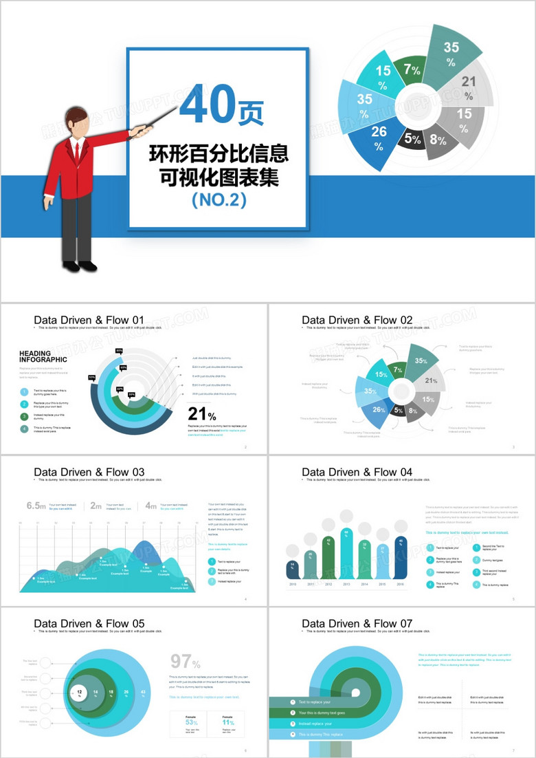 40页环比百分比信息可视化图表集PPT模板