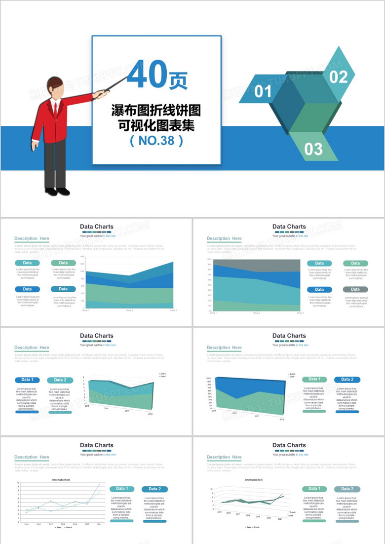 40页瀑布图折线饼图可视化图表集PPT模板