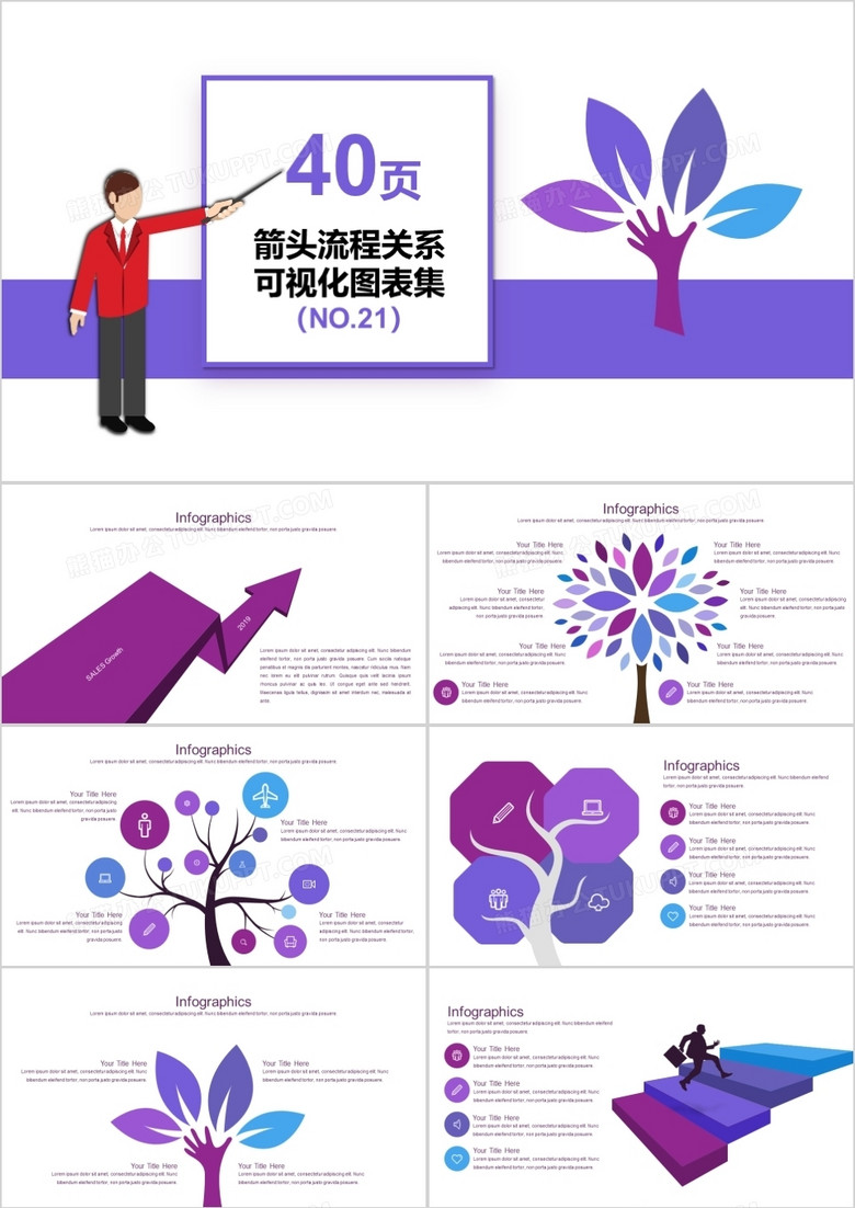 40页箭头流程关系可视化图表集PPT模板